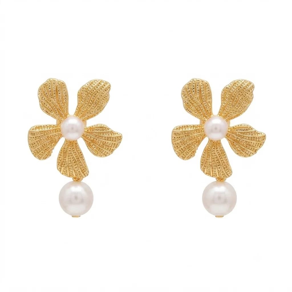 Zarcillos Flor Perla Colgante - B.F. ADAMS Bisutería Fina